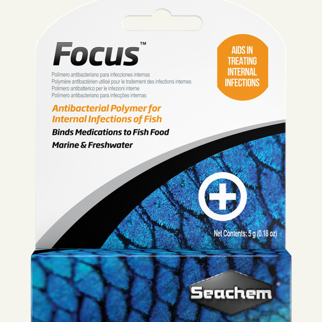 Focus Es un polímero antibacteriano diseñado para tratar infecciones internas en peces ornamentales de agua dulce y salada. Este producto es altamente eficaz contra una variedad de infecciones bacterianas y fúngicas, y está formulado para ser mezclado con alimentos, lo que mejora su palatabilidad y reduce la pérdida de medicamento en el agua.