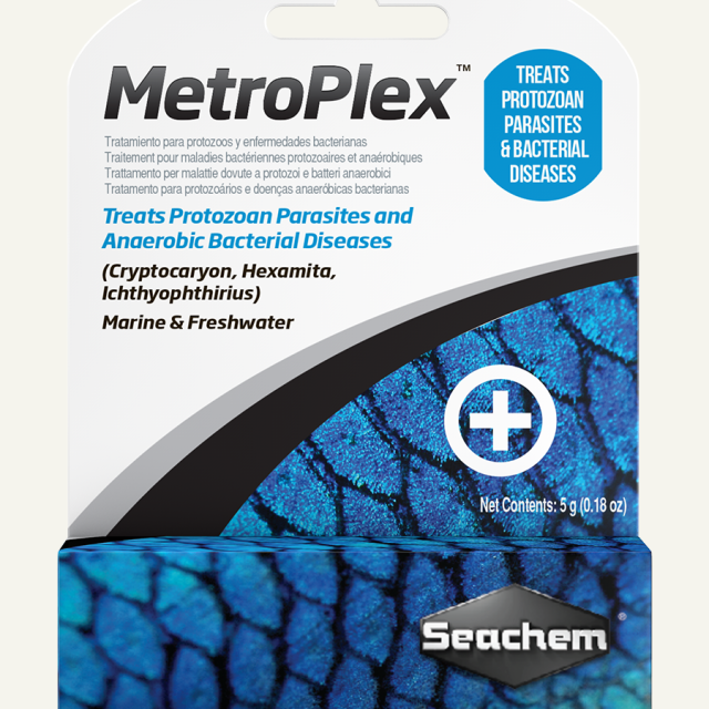 MetroPlex Es un tratamiento avanzado y seguro diseñado para combatir una variedad de enfermedades bacterianas anaeróbicas y protozoarias en peces ornamentales. Este medicamento es ideal tanto para acuarios de agua dulce como salada, y es altamente efectivo contra infecciones comunes como Cryptocaryon, Hexamita e Ichthyophthirius.