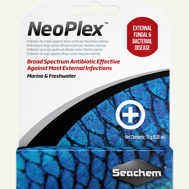 NeoPlex de Seachem es un antibiótico de amplio espectro diseñado para tratar una variedad de infecciones externas en peces ornamentales, tanto de agua dulce como salada.
